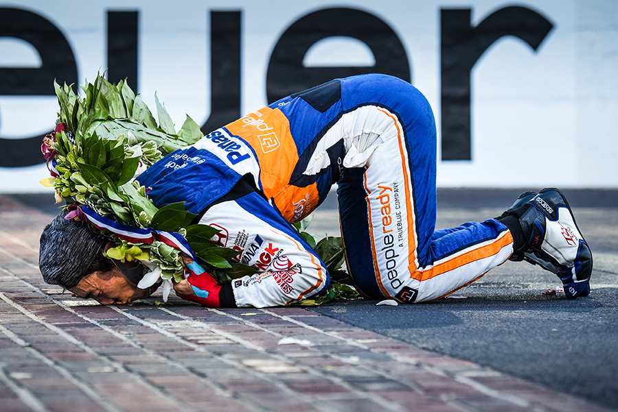 Takuma Sato celebrating his win