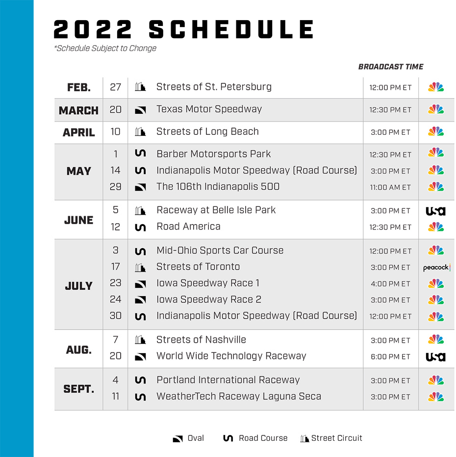 Indy Car Schedule 2022 Nbc, Indycar Unveil 2022 Ntt Indycar Series Broadcast Times
