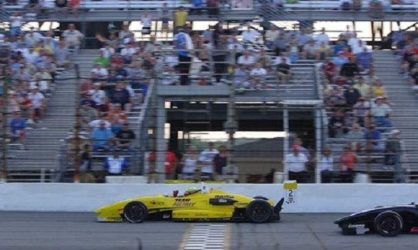 Spencer Pigot crosses the finish line at Lucas Oil Raceawy