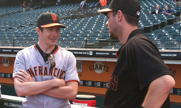 JR Hildebrand with San Francisco Giants' Brandon Belt
