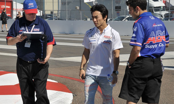 Takuma Sato walks the Long Beach track