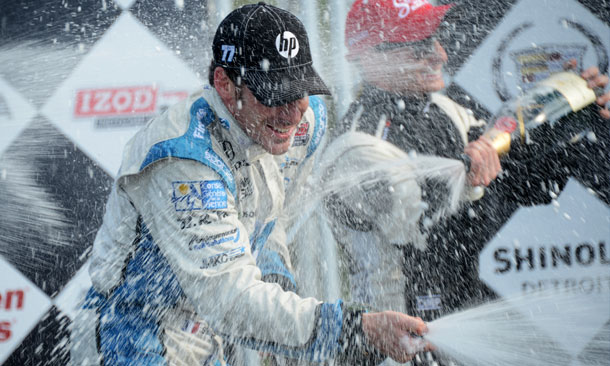 Simon Pagenaud sprays the champagne