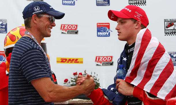 Sage Karam and father celebrate in Victory Lane