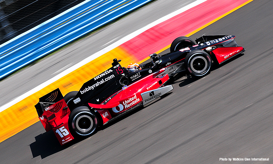 Ed Jones samples Graham Rahal's car during a test at Watkins Glen.