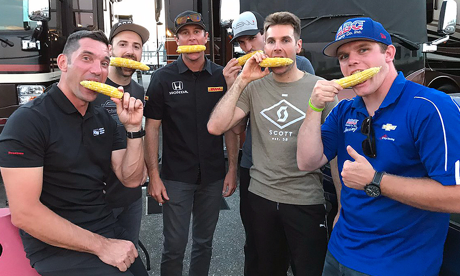 Max Papis, James Hinchcliffe, Ryan Hunter-Reay, Alexander Rossi, Will Power, and Conor Daly