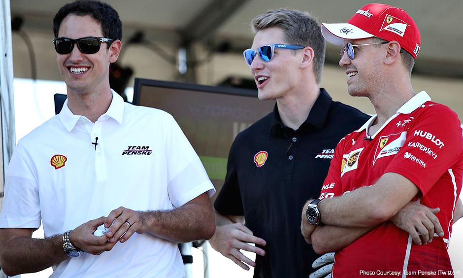 Joey Logano, Josef Newgarden, and Sebastian Vettel