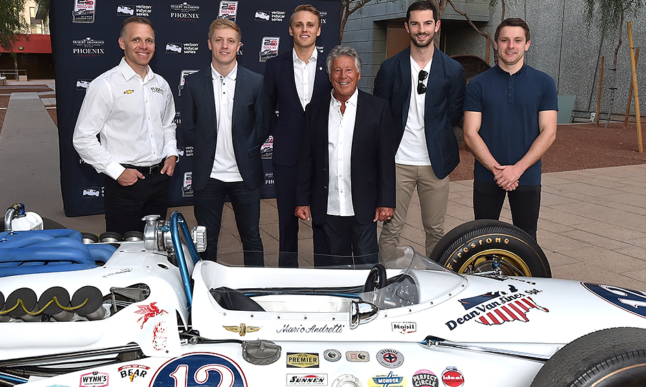 Ed Carpenter, Spencer Pigot, Max Chilton, Mario Andretti, Alexander Rossi, and Jordan King