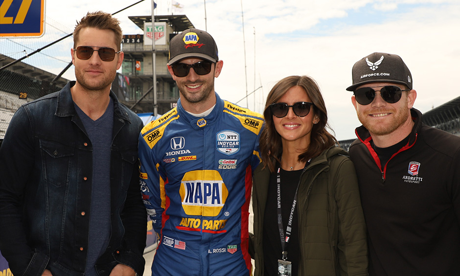 Justin Hartley, Alexander Rossi, Kelly Moss and Conor Daly