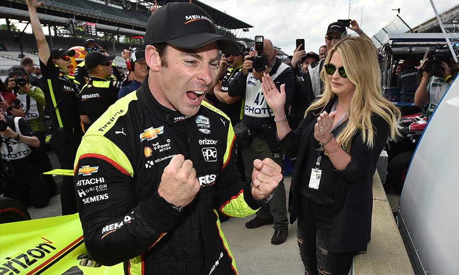 Simon Pagenaud celebrates winning Indy 500 pole