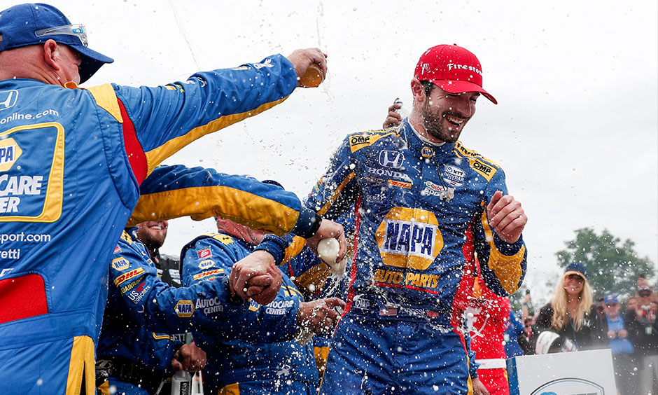 Alexander Rossi sprayed in Road America victory lane