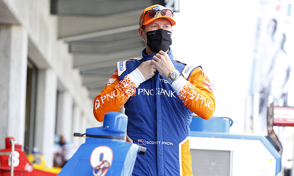 Scott Dixon gets ready to practice his No. 9 PNC Bank Chip Ganassi Racing Honda.