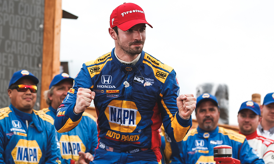 Alexander Rossi celebrates in Victory Lane