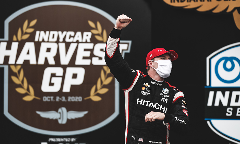 Josef Newgarden celebrates his win in the INDYCAR Harvest GP at IMS.