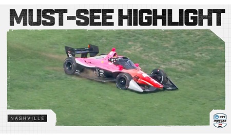 thumbnail for Katherine Legge Slides Through Grass After Contact with Wall